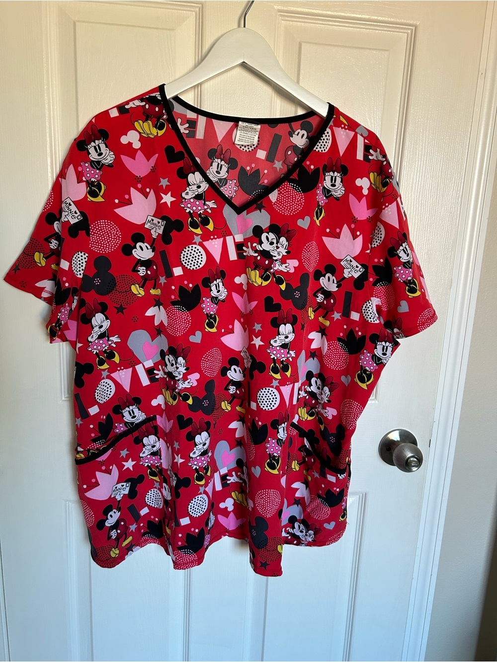 Disney Red Mickey & Minnie Print V-Neck Scrub Top with Black Trim